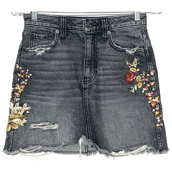 Abercrombie Denim Jean Skirt 24 Fairy Grunge Floral Whimsigoth Distressed Boho - Picture 1 of 9